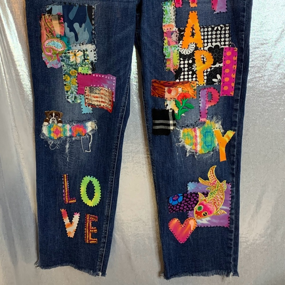 Colorful Upcycled Patchwork and Embellished Women's Denim Jean - Picture 9 of 13